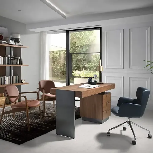 Biuro stalas iš riešuto medienos ir poliruoto plieno 5