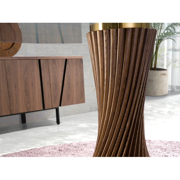 Apvalus riešutmedžio valgomojo stalas su grūdinto stiklo stalviršiu 5