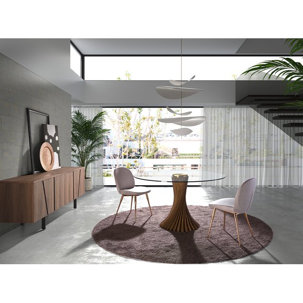 Apvalus riešutmedžio valgomojo stalas su grūdinto stiklo stalviršiu 7